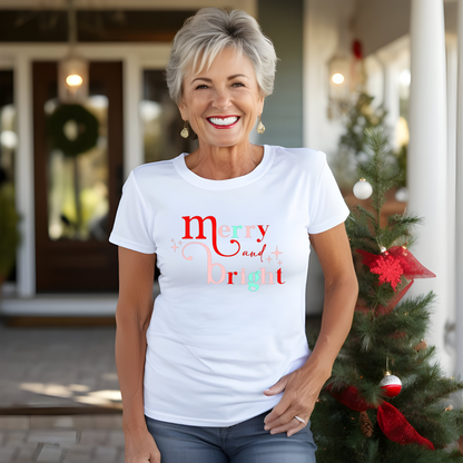 Merry and Bright Christmas T-Shirt - Pastel Holiday Tee for Women | Festive and Cute Winter Shirt
