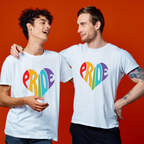Two people wearing white t-shirts with 'PRIDE' in colorful letters on a red background