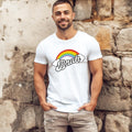 White tee with retro rainbow graphic and "Bruh" in vintage script, worn by smiling man 