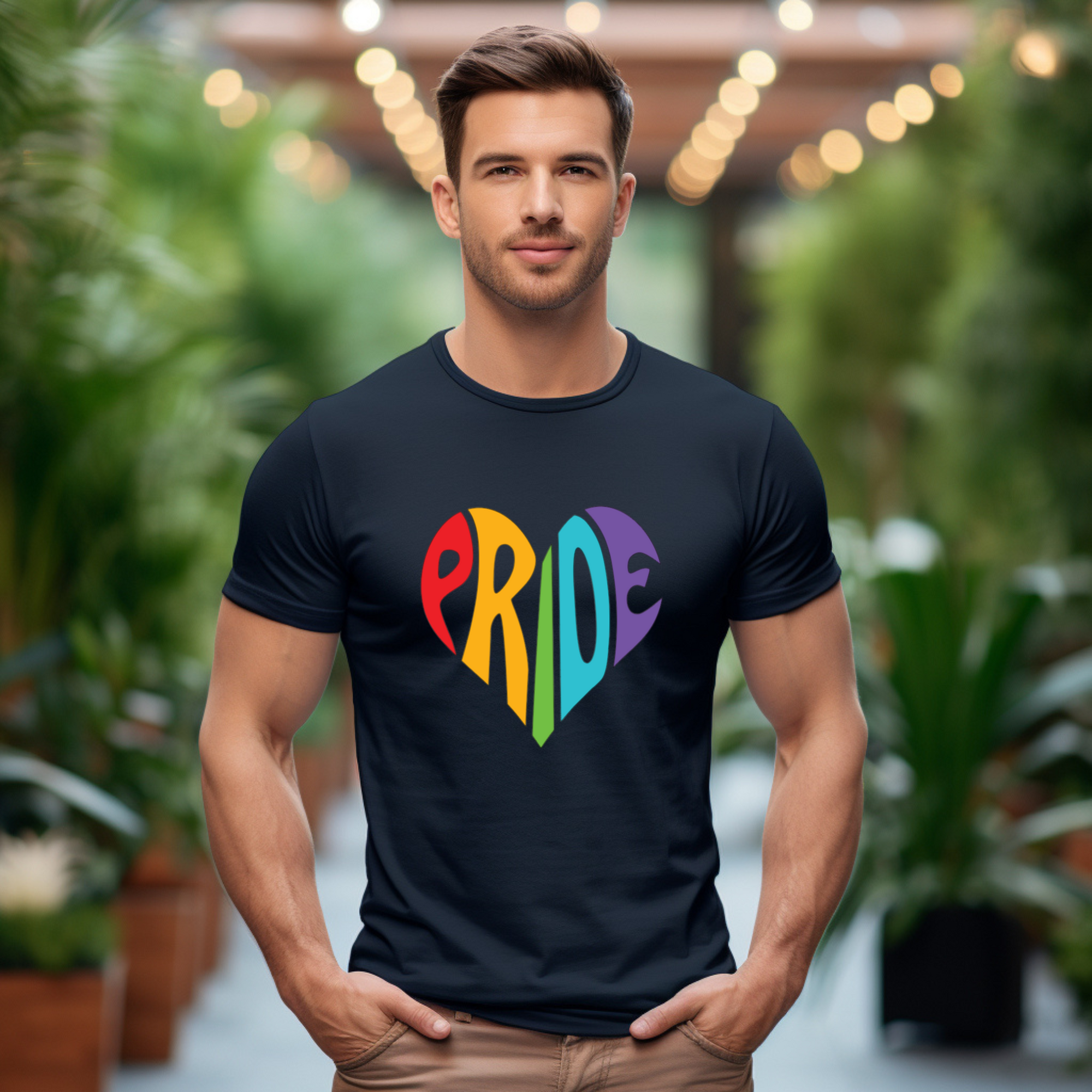Man wearing a black t-shirt with 'PRIDE' in colorful letters, standing in a blurred indoor setting with plants.