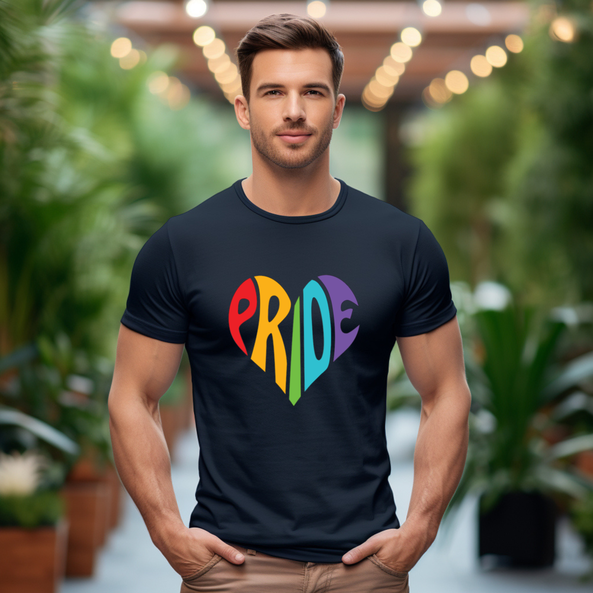 Man wearing a black t-shirt with 'PRIDE' in colorful letters, standing in a blurred indoor setting with plants.