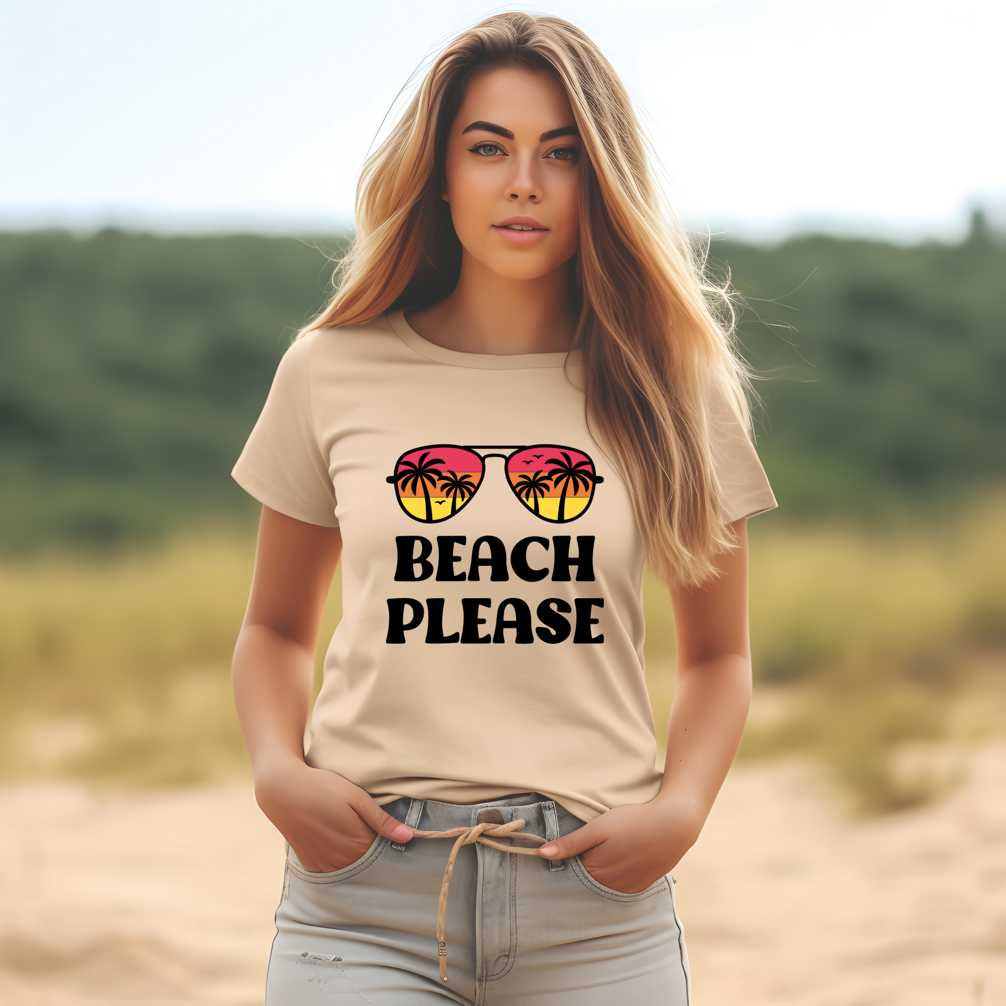 Beach Please T-Shirt with Sunglasses and Palm Trees