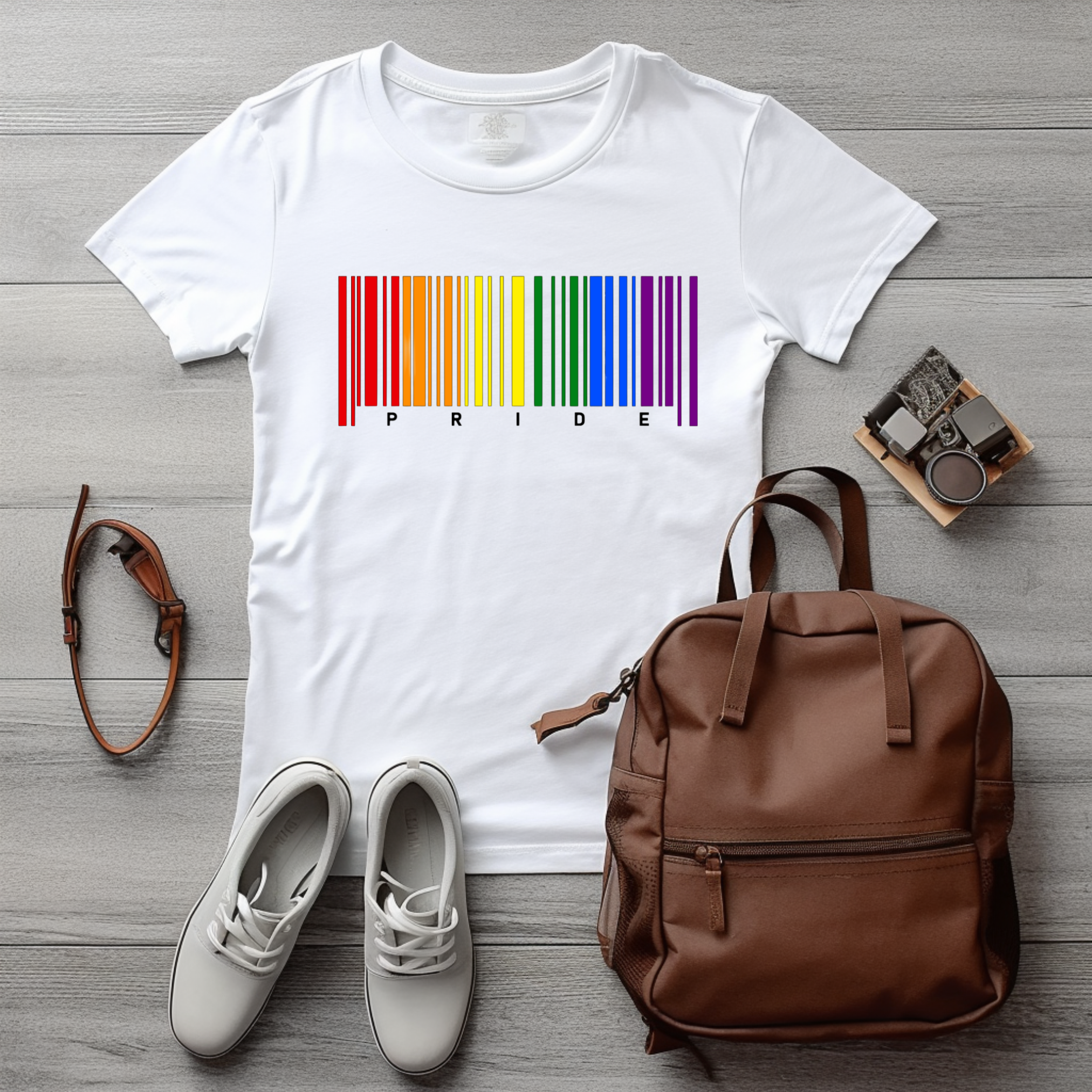 White t-shirt with rainbow barcode and 'PRIDE' text, paired with a brown backpack and white shoes on a wooden surface.