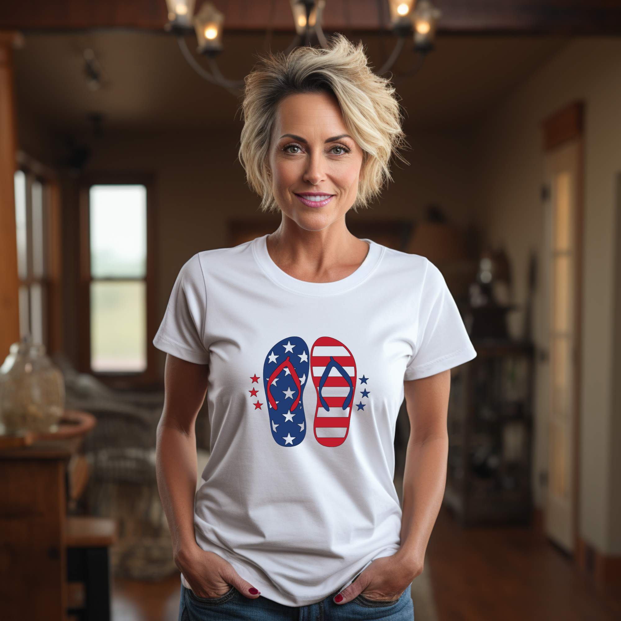 Woman wearing a white t-shirt with a graphic design of American flag-themed flip-flops.