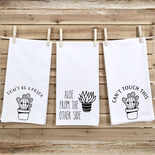 Set of 3 Funny Tea Towels- Plant Theme- Cactus and Aloe Flour Sack Towels