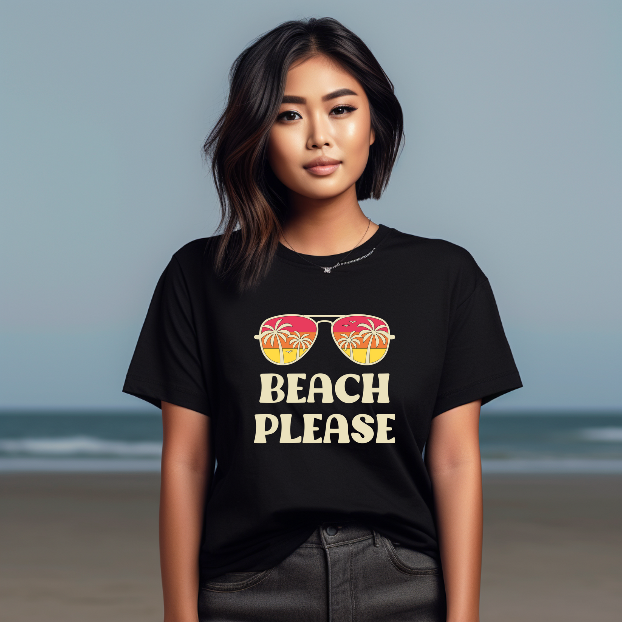 Beach Please T-Shirt with Sunglasses and Palm Trees