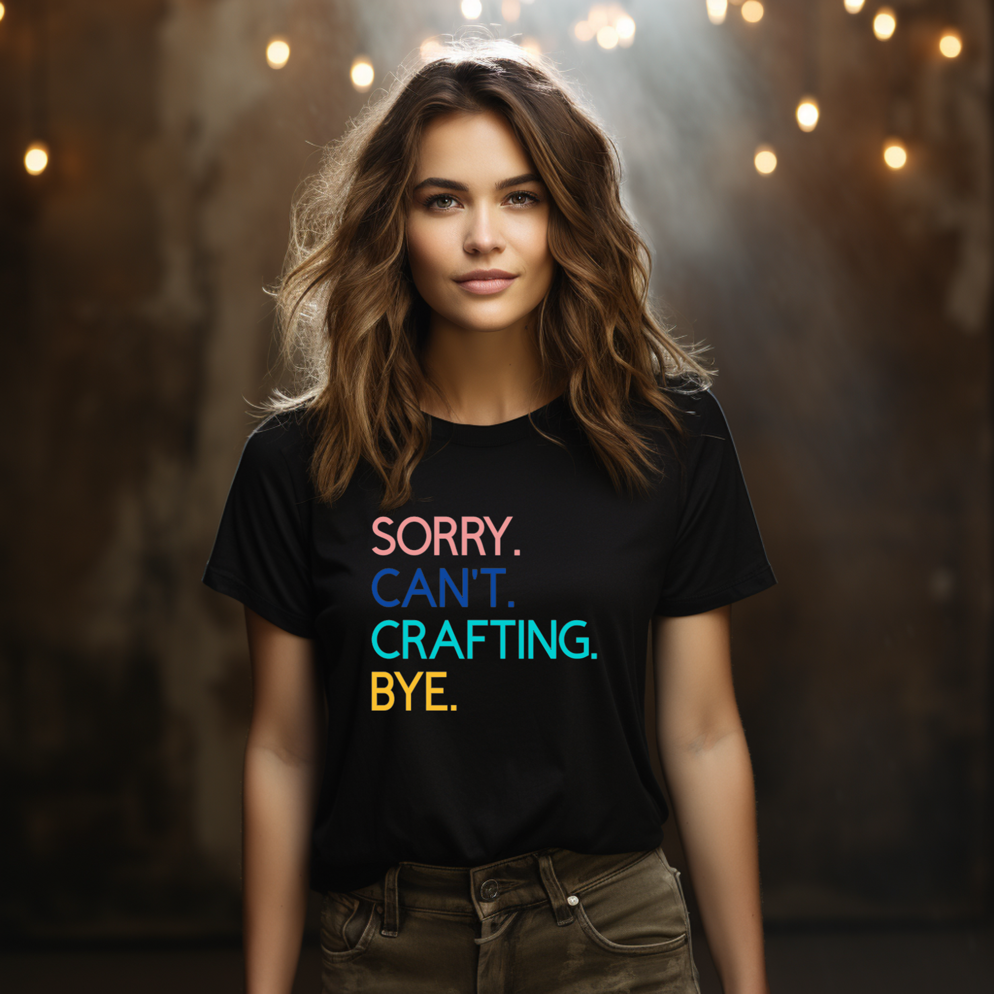 A woman in a black t-shirt with the text 'Sorry. Can't. Crafting. Bye.', each line with a different color text.