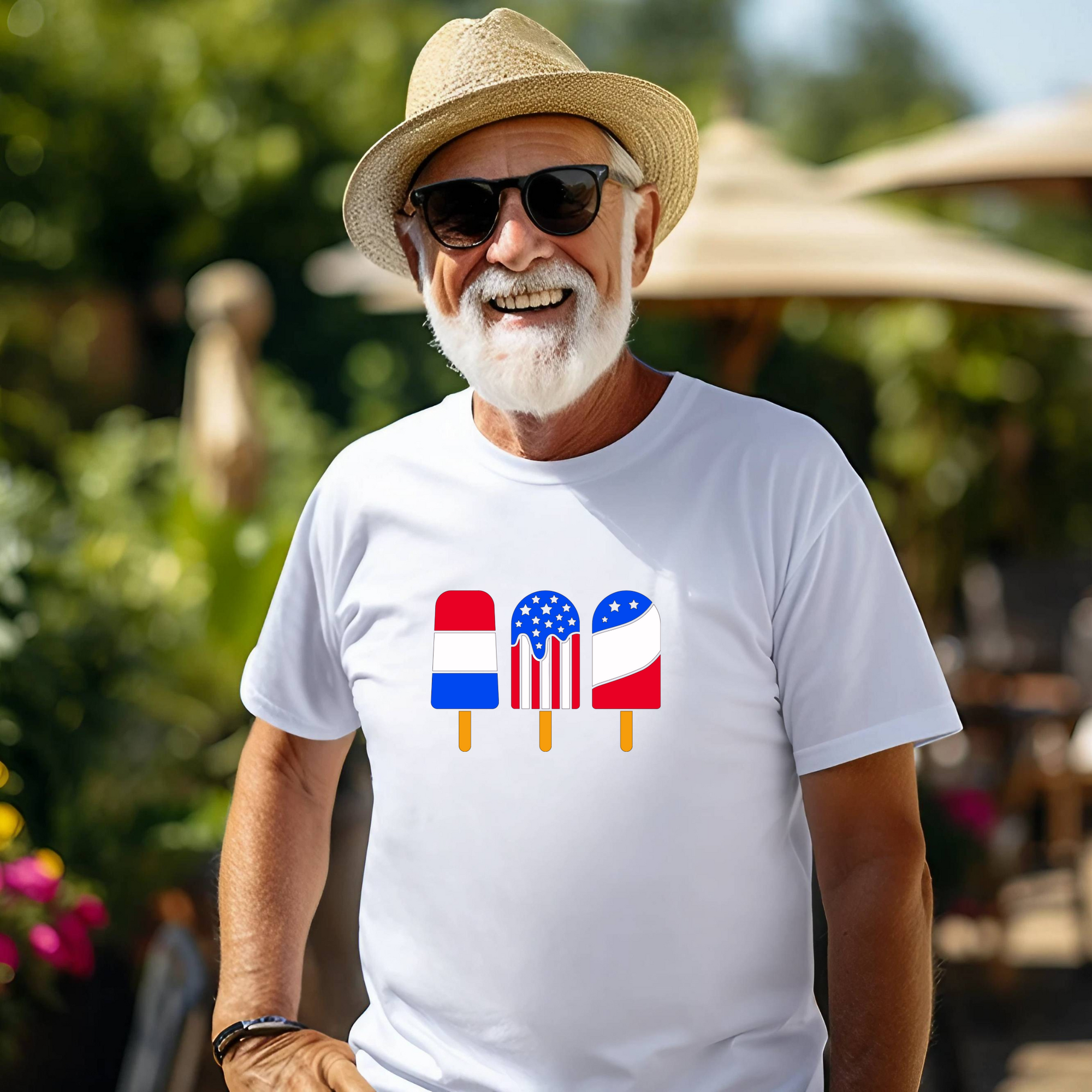 Man wearing a white t-shirt with flag design outdoors
