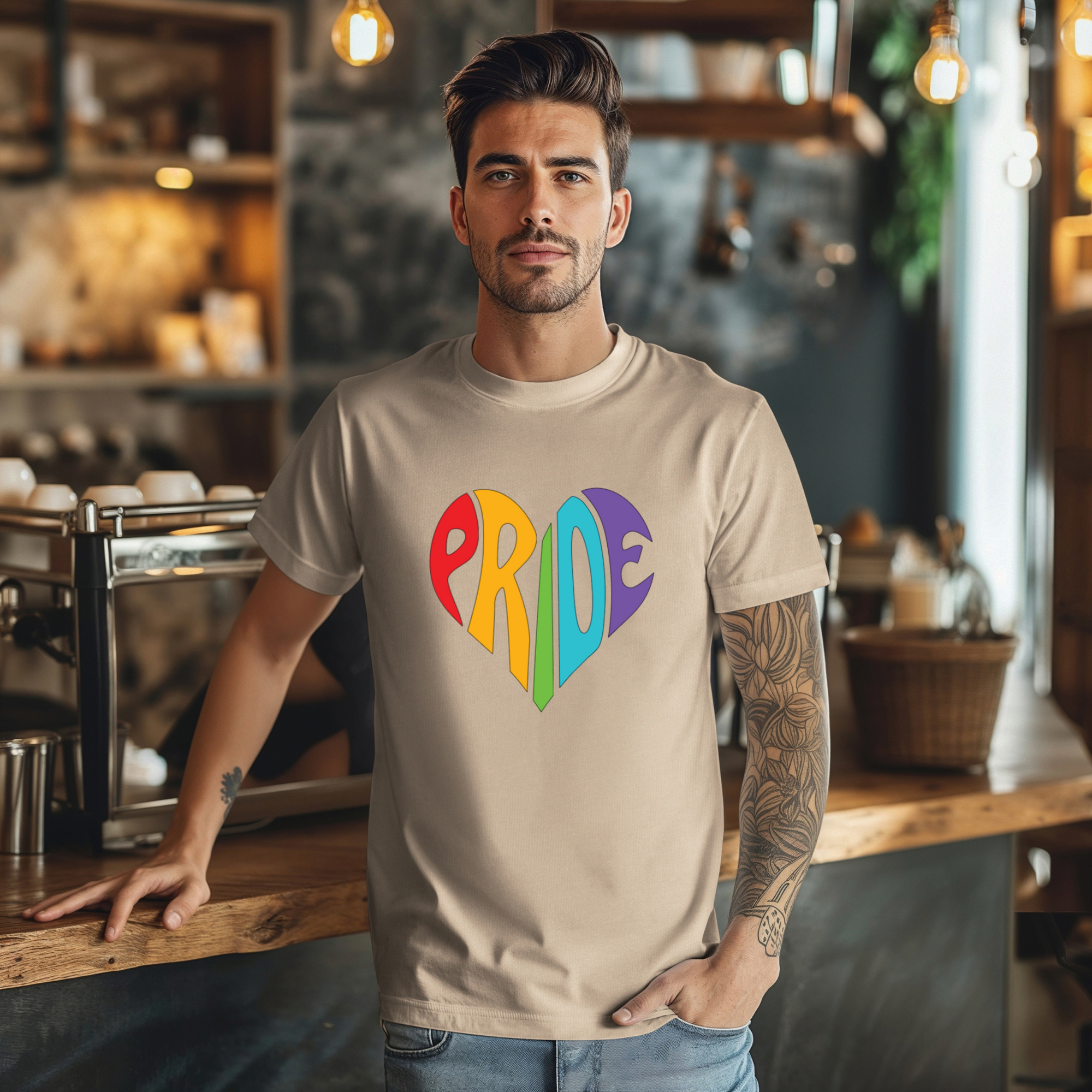 Man wearing a beige t-shirt with 'PRIDE' in colorful letters in a coffee shop.