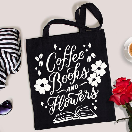 Coffee, Books & Flowers Tote Bag - Perfect Gift for Book Lovers | Eco-Friendly Cotton Canvas Tote