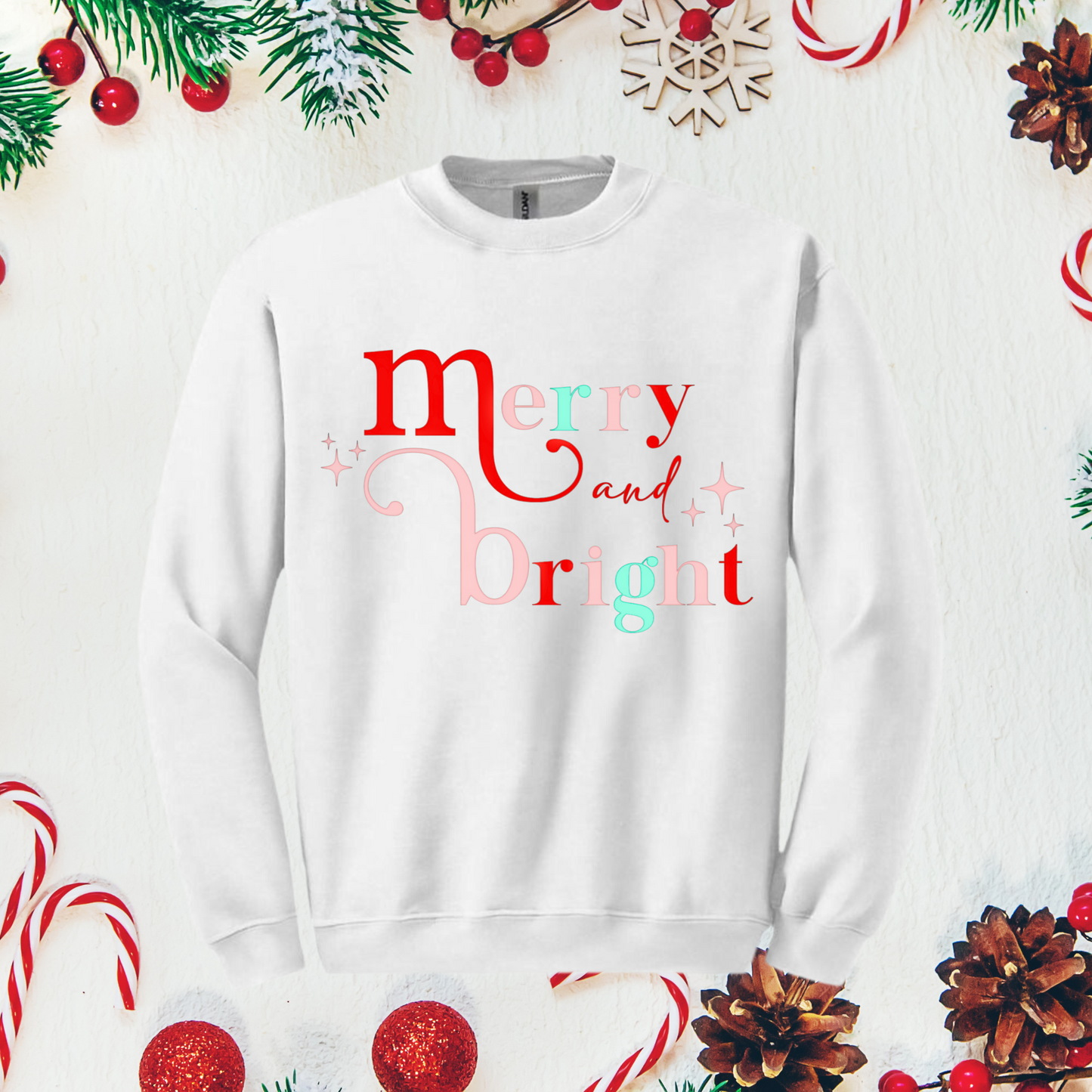 Merry and Bright Christmas Sweatshirt - Pastel Holiday Sweatshirt for Women | Festive and Cute Winter Top