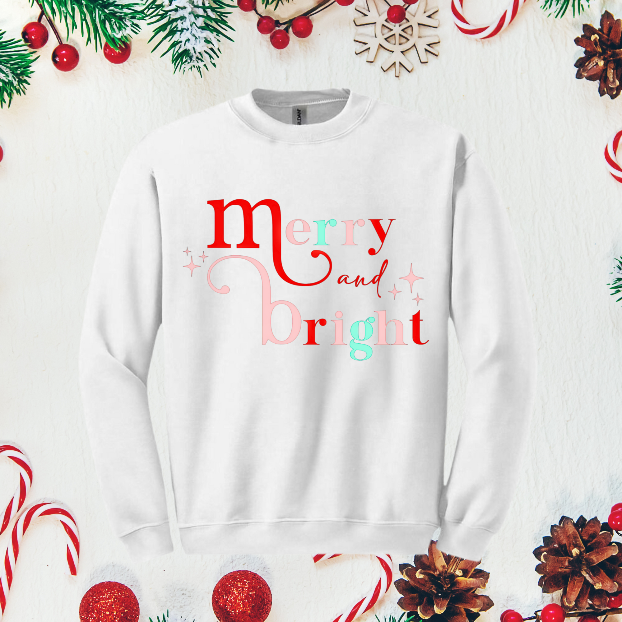 Merry and Bright Christmas Sweatshirt - Pastel Holiday Sweatshirt for Women | Festive and Cute Winter Top