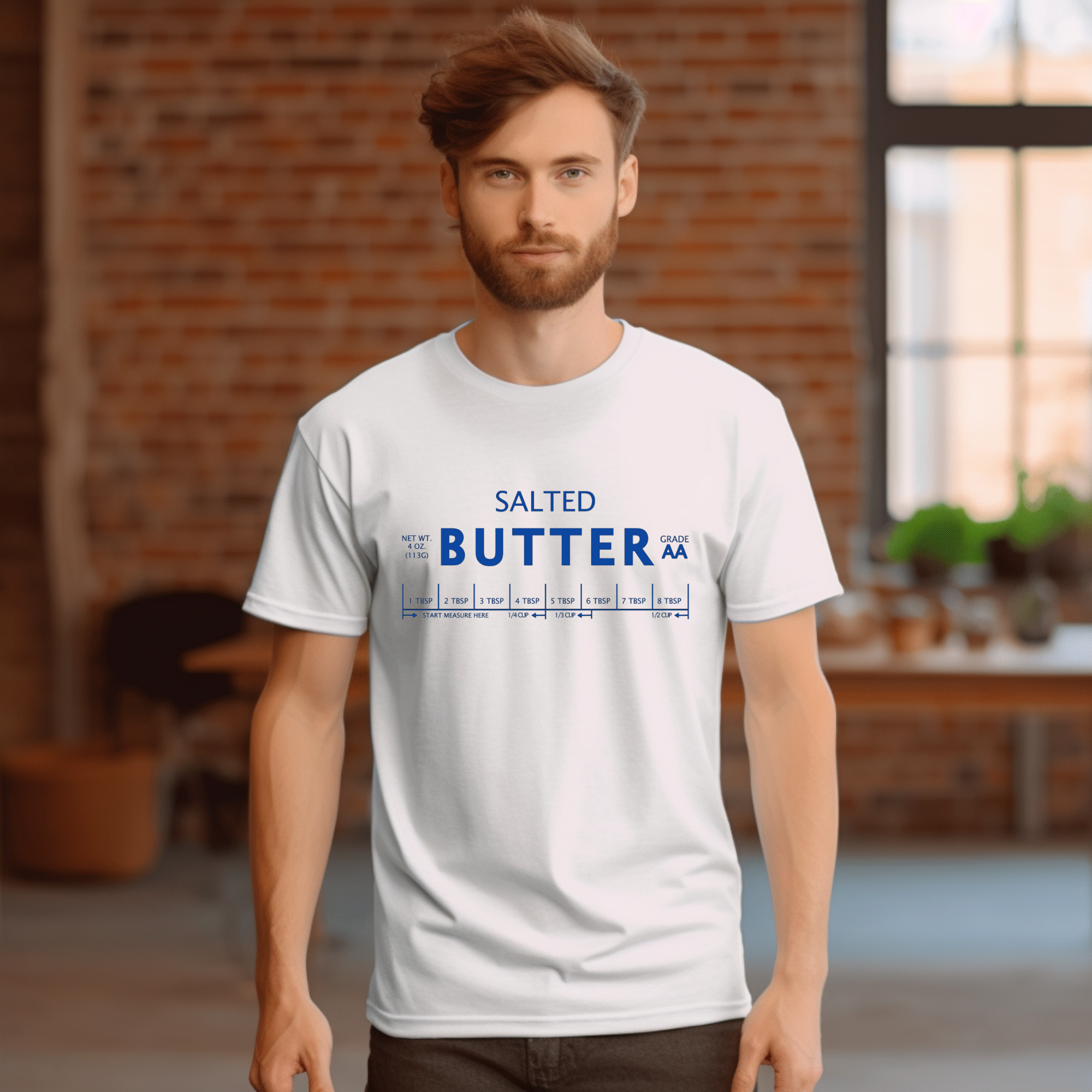 Salted Butter Label Shirt on a White Shirt