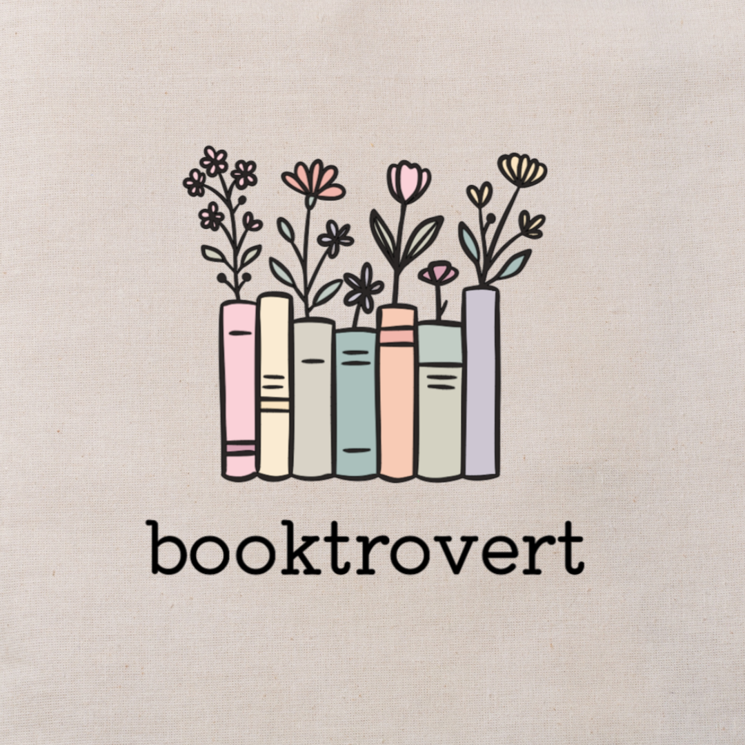 Illustration of books with flowers on a beige background, featuring the brand 'booktrovert'.
