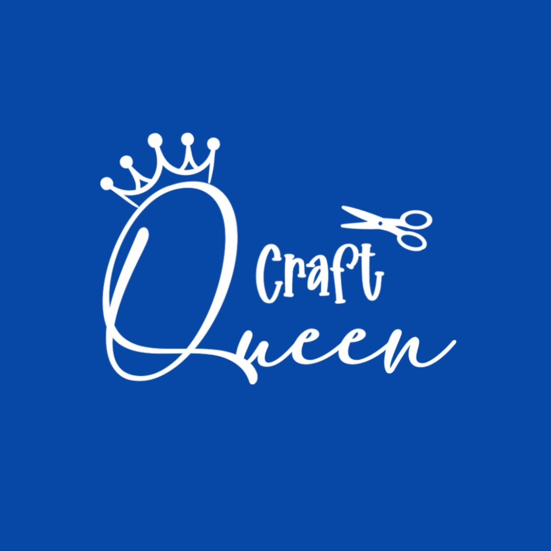 Logo with 'Craft Queen' text, crown, and scissors on a blue background