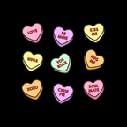 Design with conversation heart candies with phrases like "LOVE" and "BE MINE"
