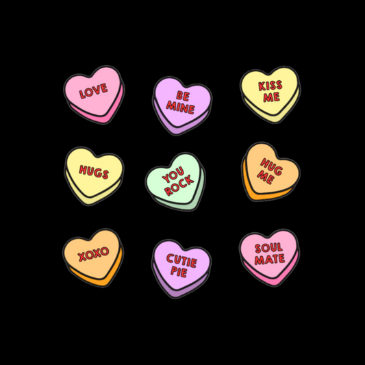 Design with conversation heart candies with phrases like "LOVE" and "BE MINE"