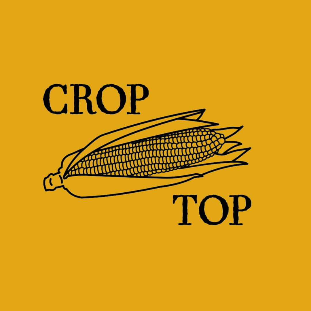 Corn illustration with 'CROP TOP' text on a yellow background
