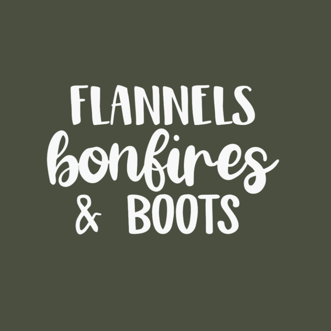 Text 'Flannels bonfires & Boots' in white on a dark green background