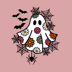 A pink t-shirt background with a whimsical design featuring a ghost, bats, and spiders on it.