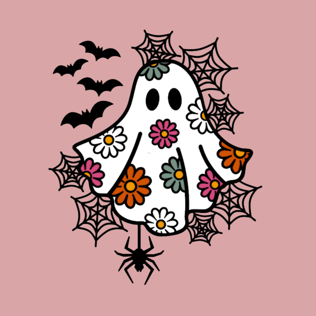 A pink t-shirt background with a whimsical design featuring a ghost, bats, and spiders on it.