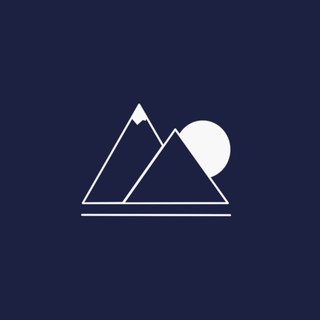 White mountain and sun icon on a dark blue background
