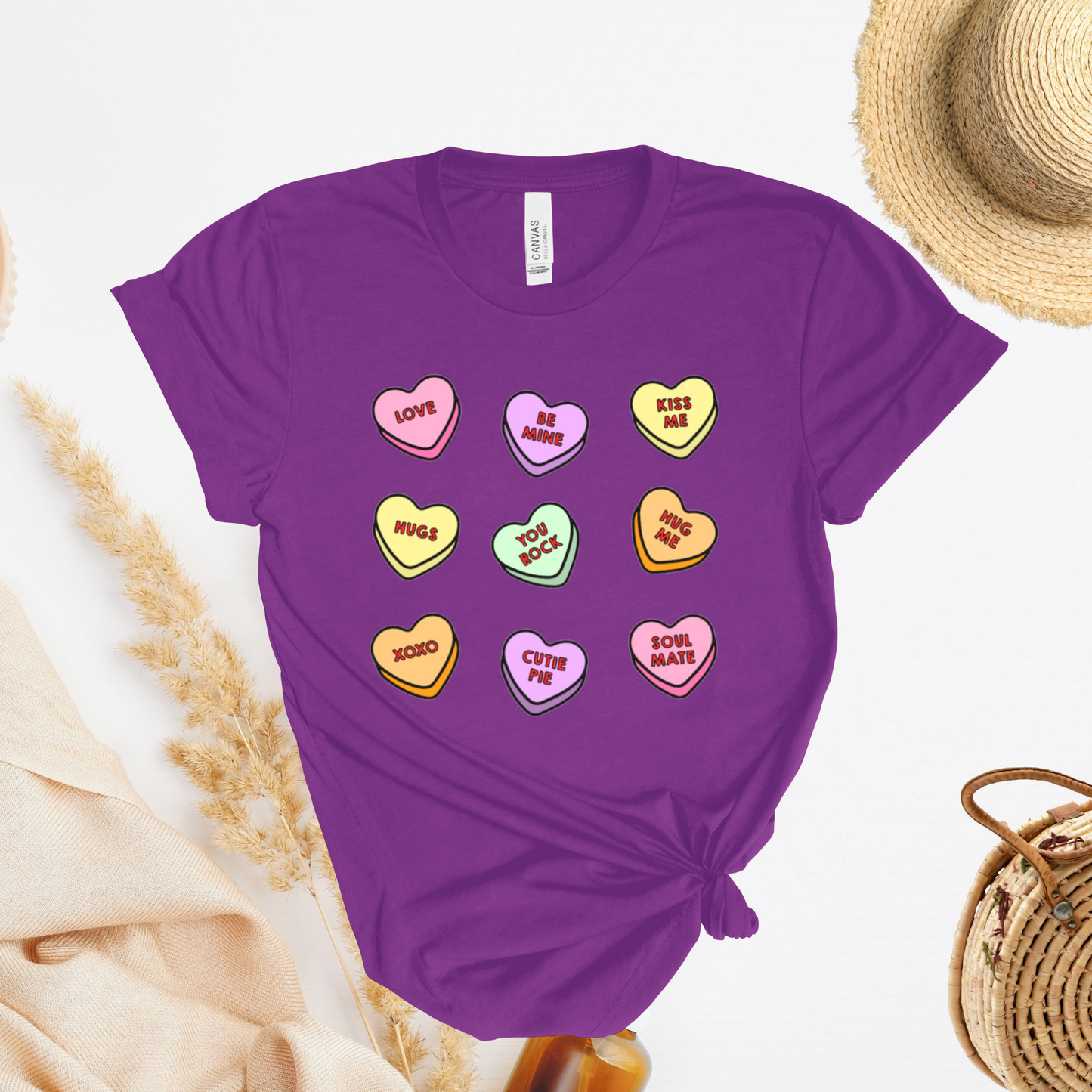 Shirt with conversation heart candies with phrases like "LOVE" and "BE MINE"