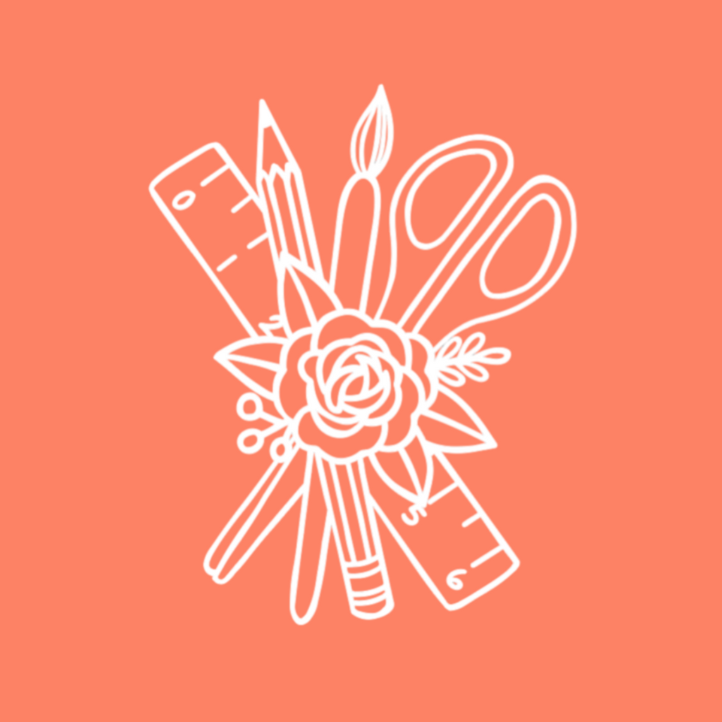 White line art of stationery items including a rose on a coral background