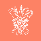 White line art of stationery items including a rose on a coral background