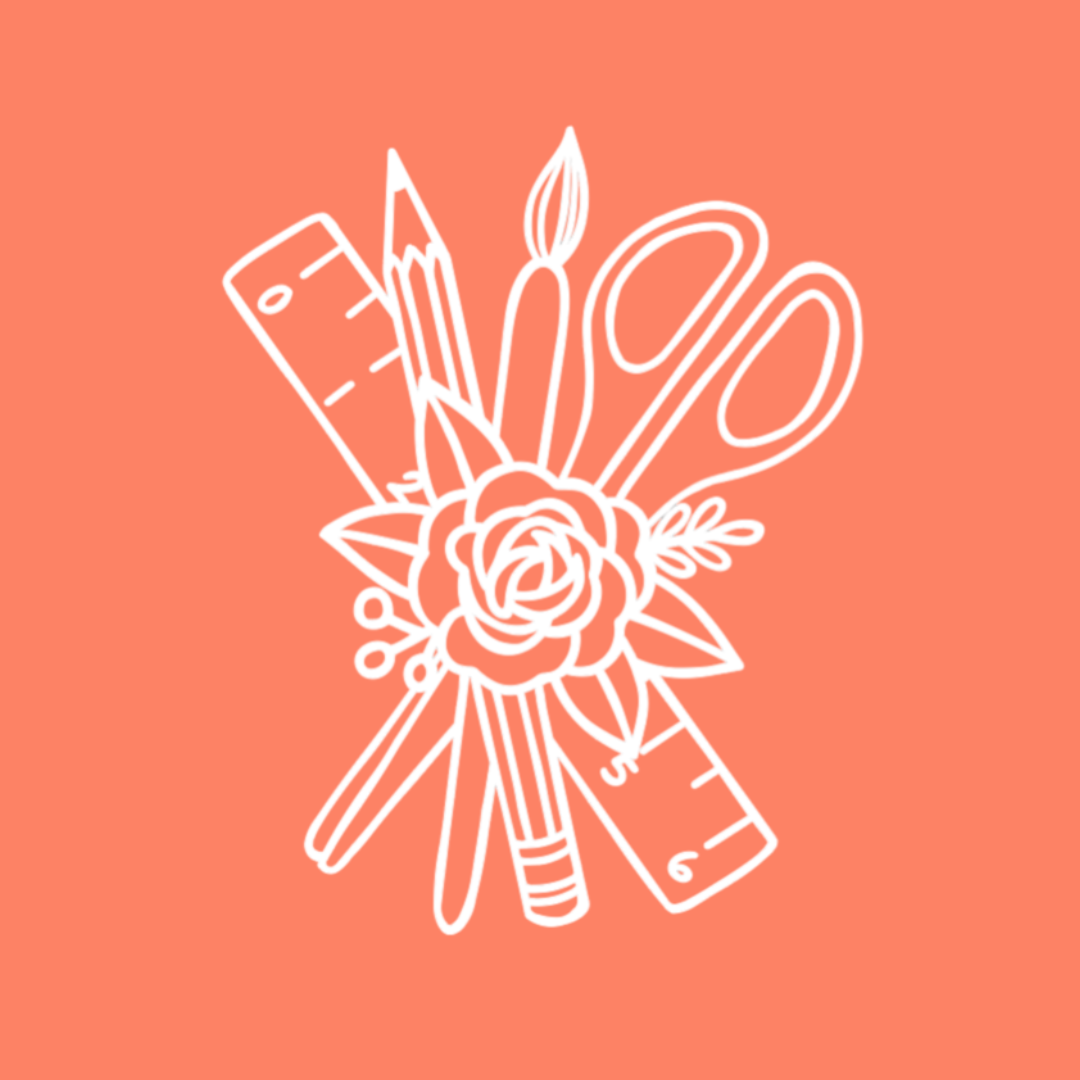 White line art of stationery items including a rose on a coral background