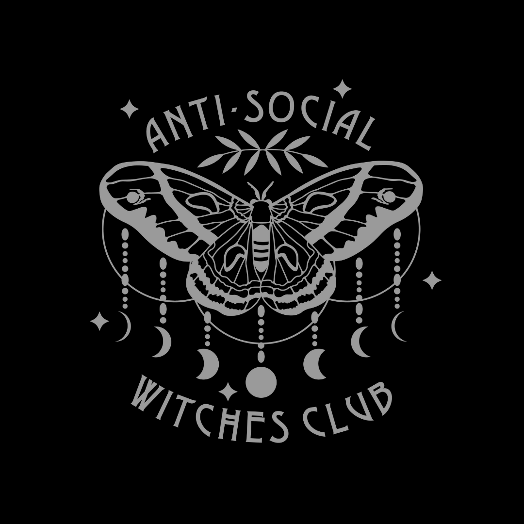 Black and white graphic of a moth with 'Anti-Social Witches Club' text on a black background