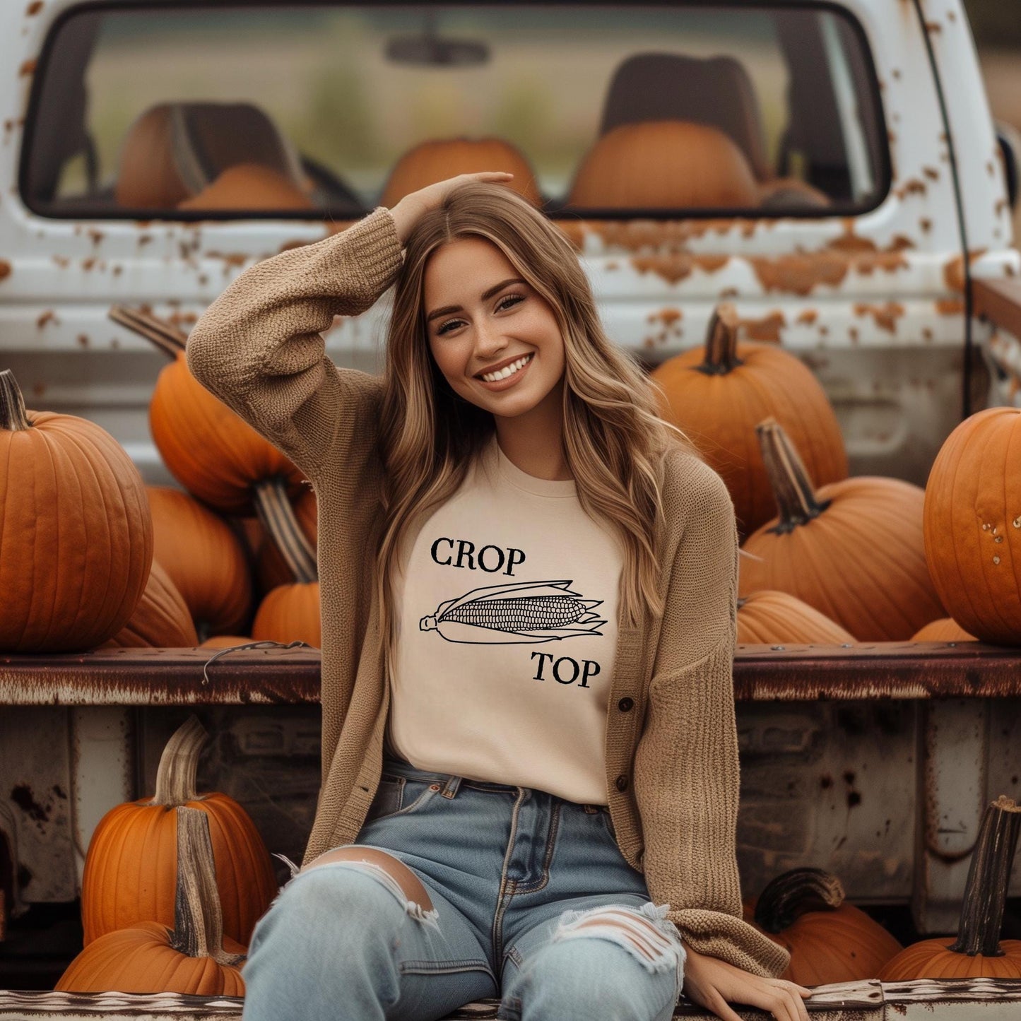 Corn Crop Top T-Shirt: Funny and Cute Fall Tee for Harvest & Thanksgiving – Gender-Neutral