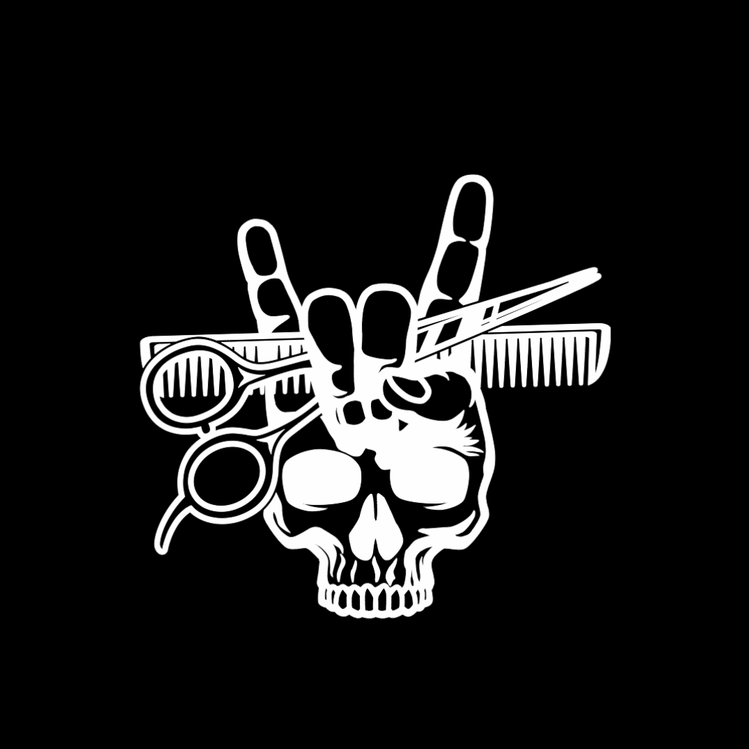 White skull with rock hand gesture, shears, combs and razor design on black barber apron