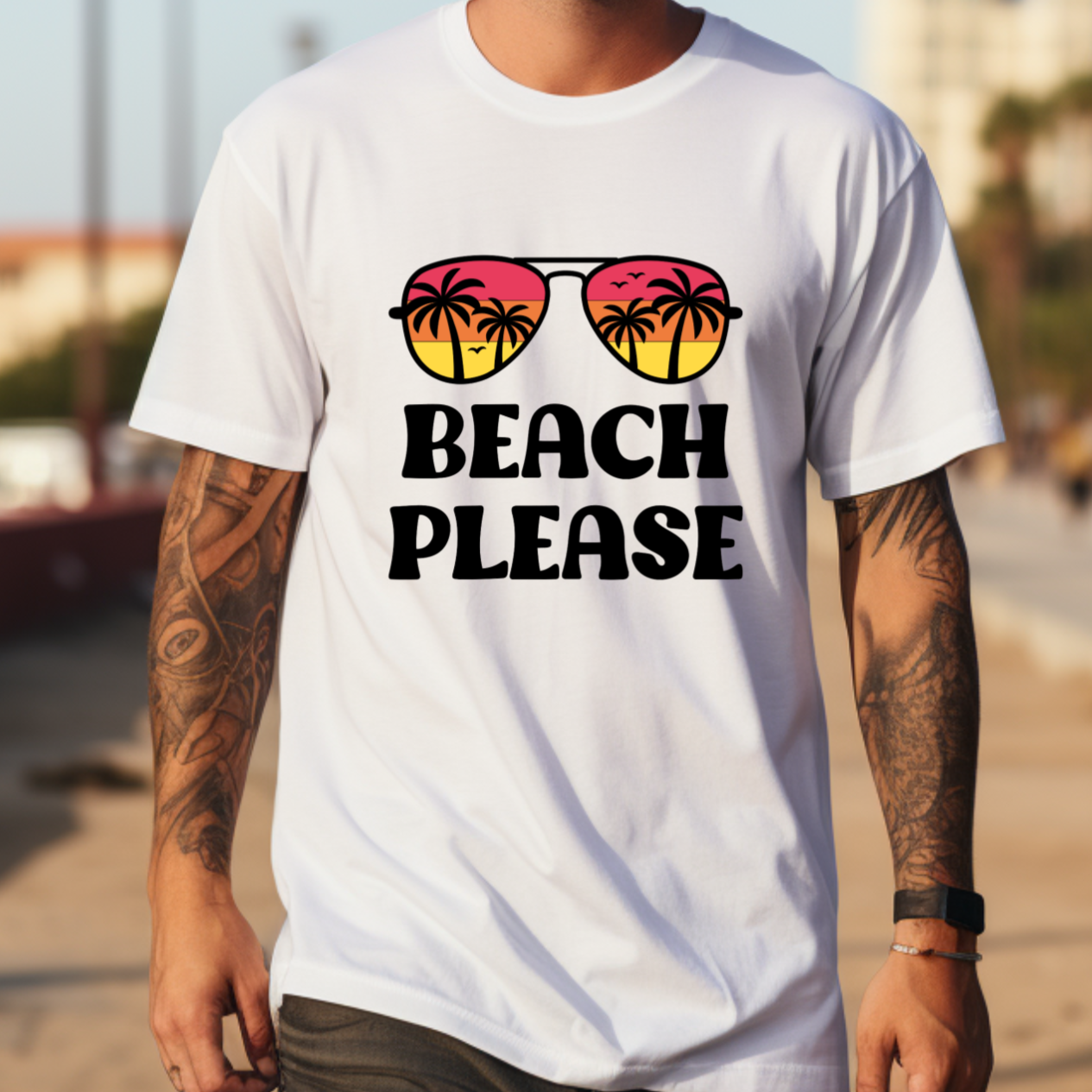 Beach Please T-Shirt with Sunglasses and Palm Trees