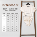 Size chart for Bella + Canvas 3001 t-shirt with a t-shirt on a hanger.