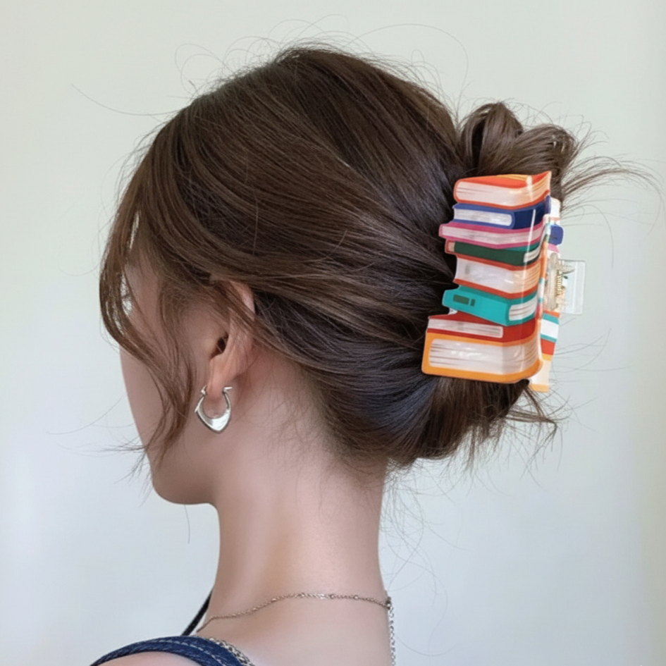 Woman with colorful striped hair clip in her bun against a plain background
