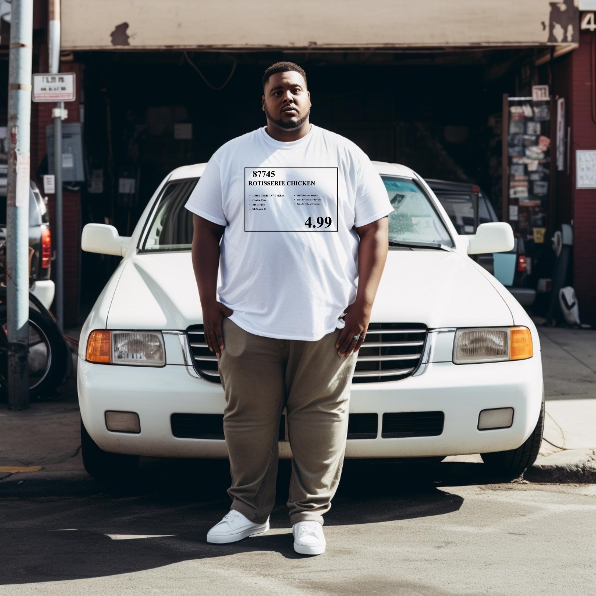 Person standing in front of a car wearing a t-shirt with a Costco rotisserie chicken price tag design.