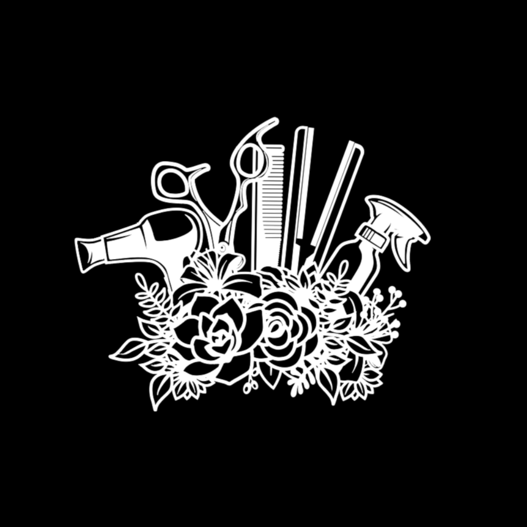 White hair salon tools and flowers on a black background