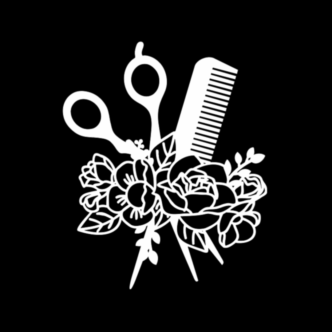 White floral design with scissors and comb on a black background