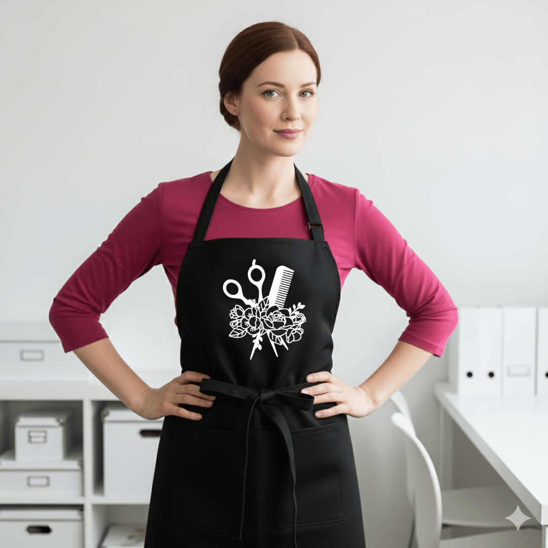 A woman wearing a black apron with a white graphic design of shears, a comb, and a floral bouquet.