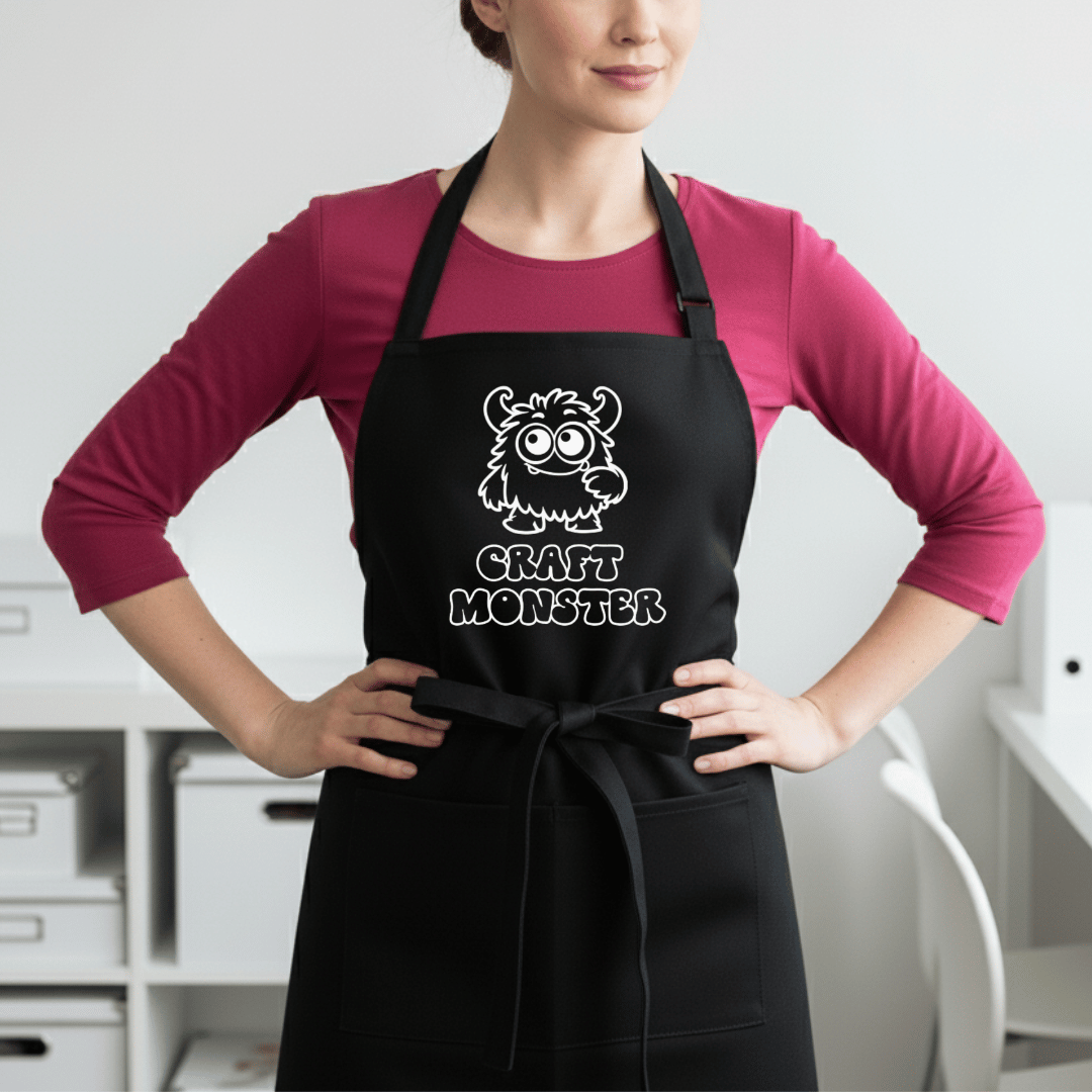 Person wearing a black apron with 'Craft Monster' design in a craft room setting