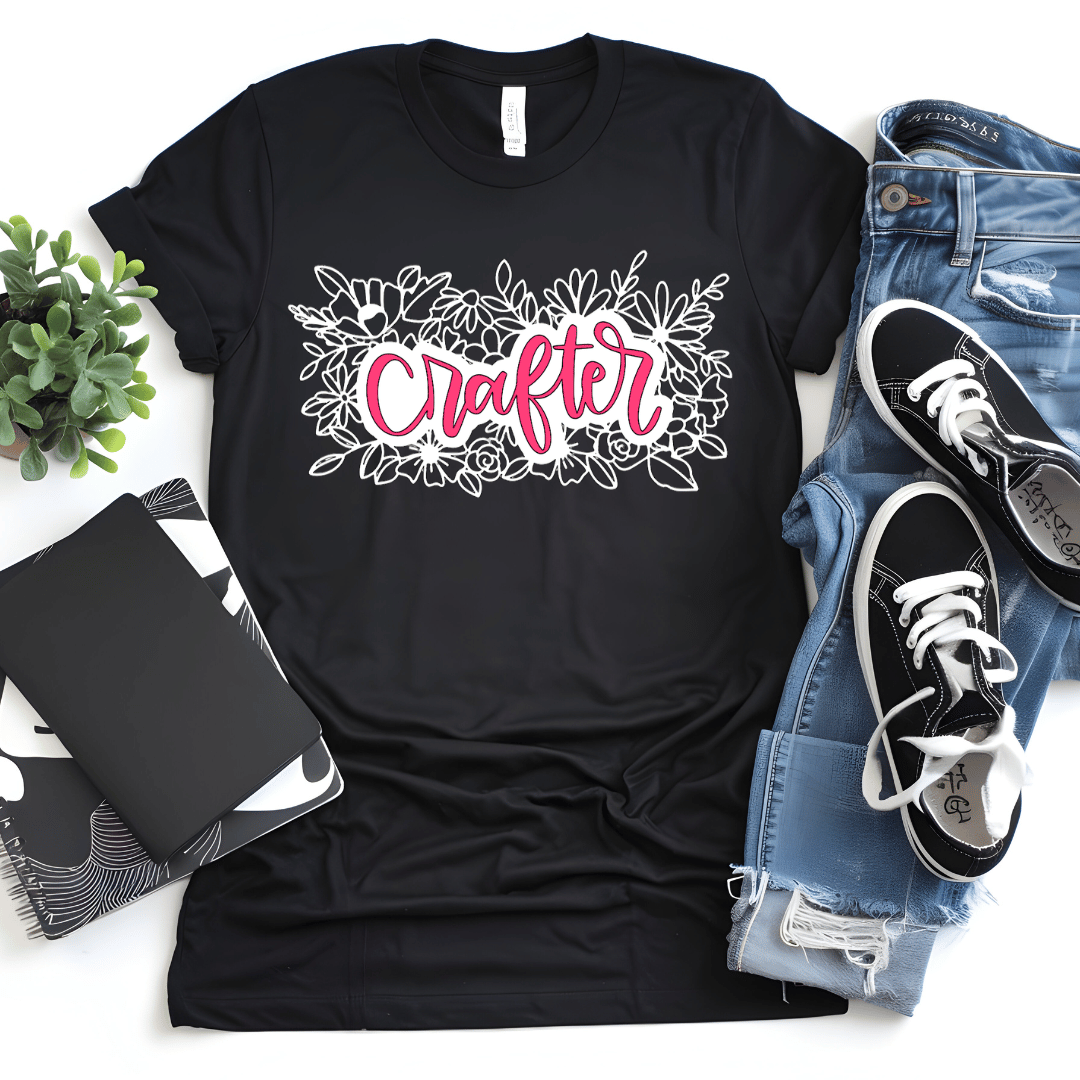 Crafter floral t-shirt in black with pink hand-lettered script and white floral illustration