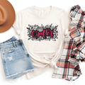 Crafter floral t-shirt in natural tan with pink hand-lettered script and black floral illustration