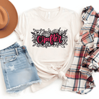 Crafter floral t-shirt in natural tan with pink hand-lettered script and black floral illustration