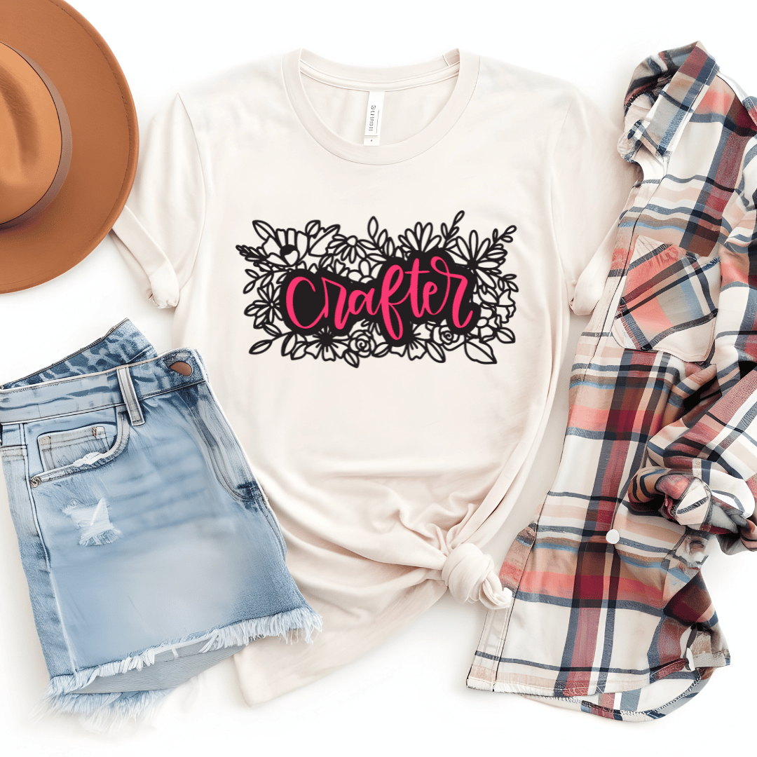 Crafter floral t-shirt in natural tan with pink hand-lettered script and black floral illustration