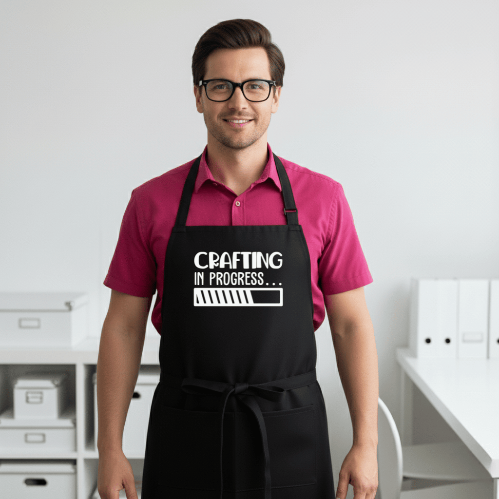 Man wearing a black apron with 'Crafting in Progress' text in a craft room.