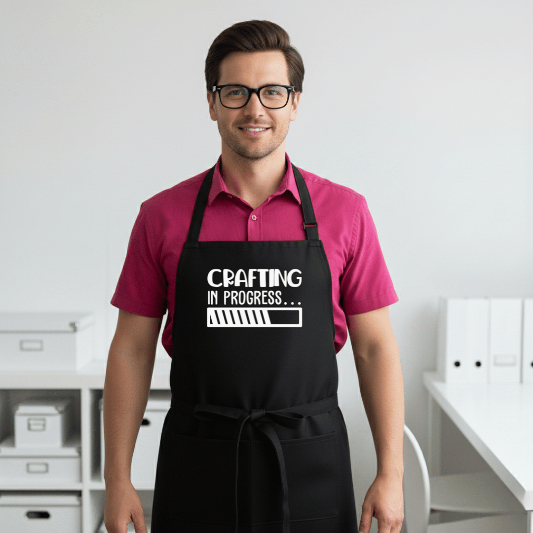 Man wearing a black apron with 'Crafting in Progress' text in a craft room.
