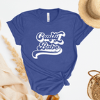 Blue t-shirt with 'Crafty Babe' text on a white background