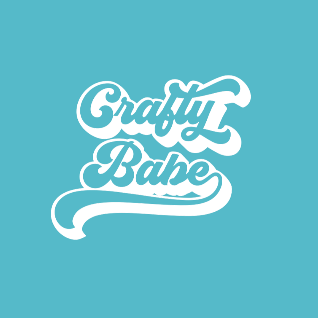 White 'Crafty Babe' text on a turquoise background