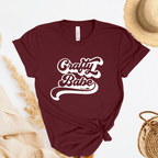 Maroon t-shirt with 'Crafty Babe' text on a light background